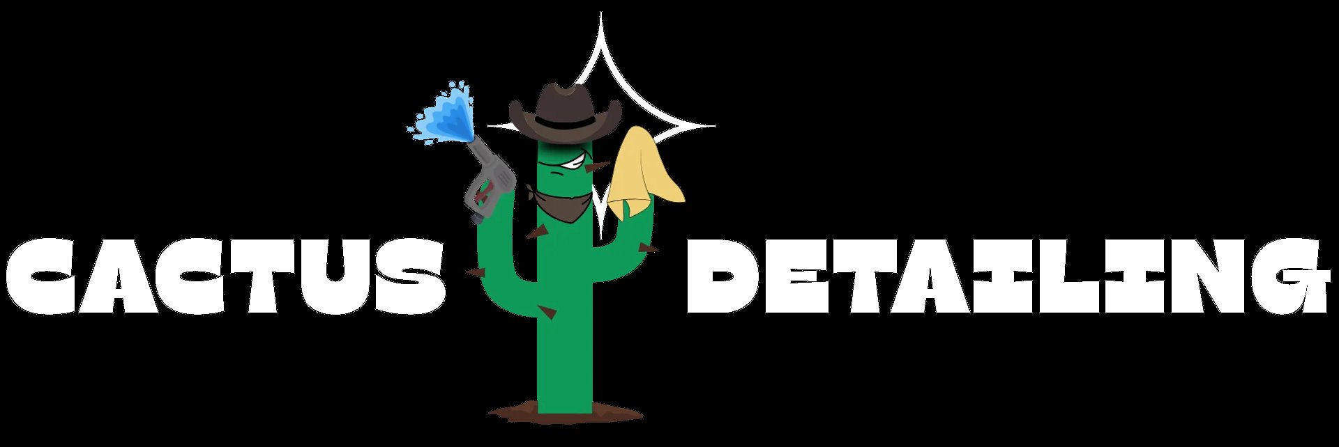 Cactus Detailing logo featuring a green cactus with a cowboy hat, surrounded by cleaning tools including a brush and spray bottle