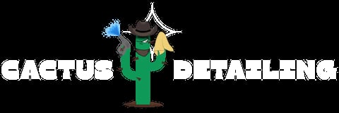 Cactus Detailing logo featuring a green cactus with a cowboy hat, surrounded by cleaning tools including a brush and spray bottle