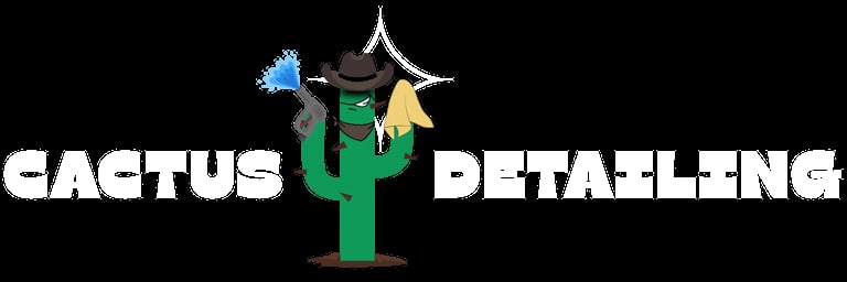 Cactus Detailing logo featuring a green cactus with a cowboy hat, surrounded by cleaning tools including a brush and spray bottle