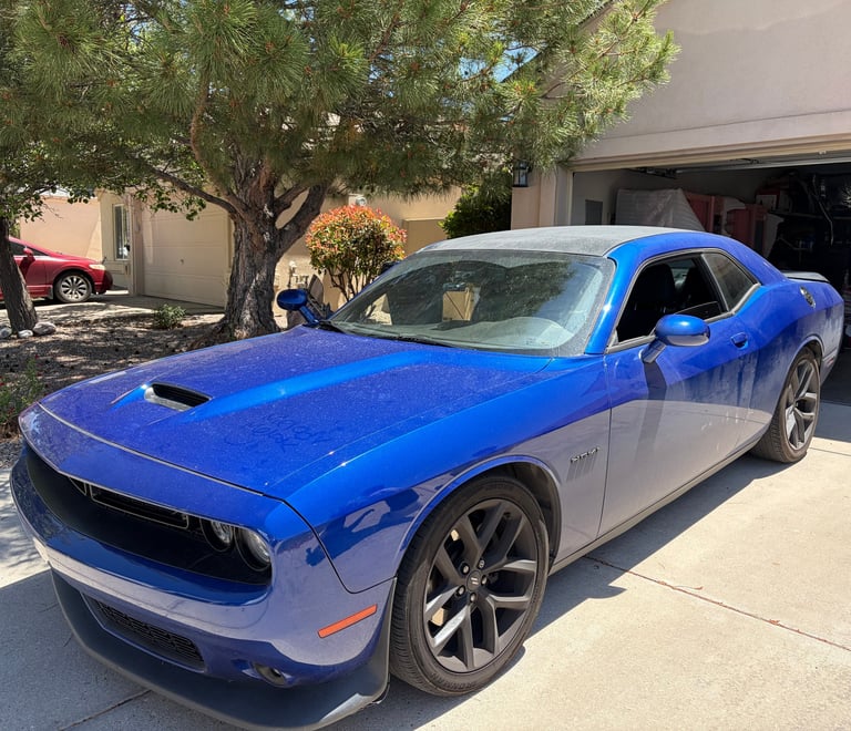 Blue and white Dodge Challenger muscle car parked in driveway with house and trees in background